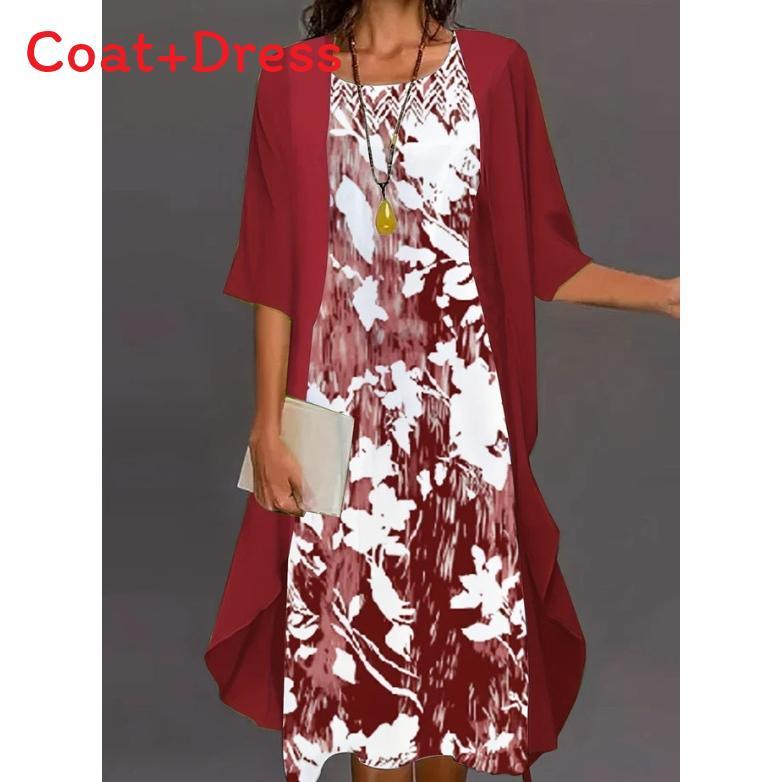 Elegant Polyester Chiffon Twopiece Dress With 3d Print For Spring Fashion