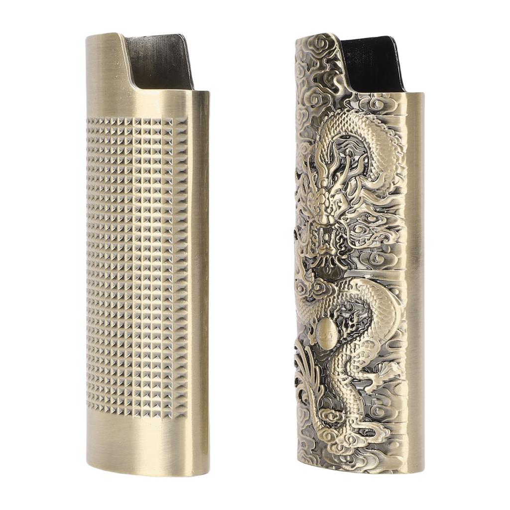 2 Pcs Lighter Case 8cm Length Grid and Dragon Pattern Exquisite Engraved Metal Lighter Cover for Party Bar