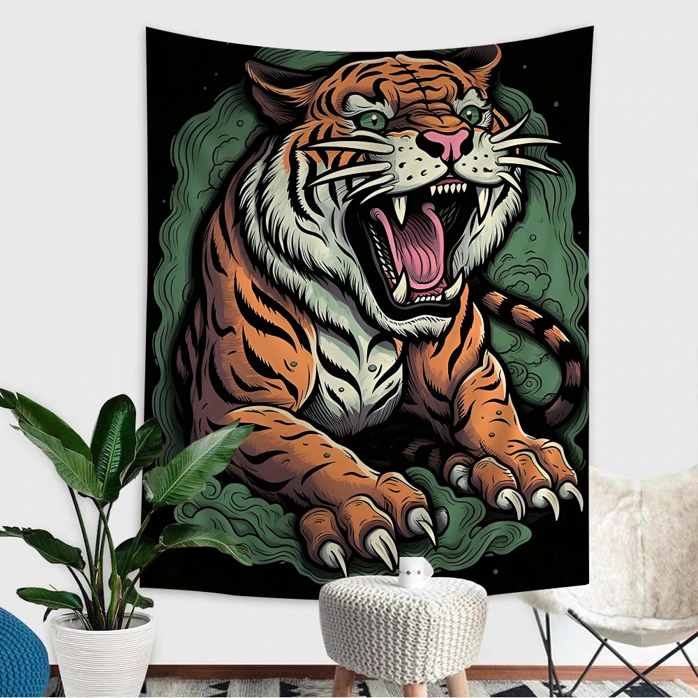 

VIKAMA Wild Tiger Tapestry Vintage Tattoo Woman Living with Beasts Fade-proof Living Room Bedroom Decorative Tapestry 60X90CM(2X3FT