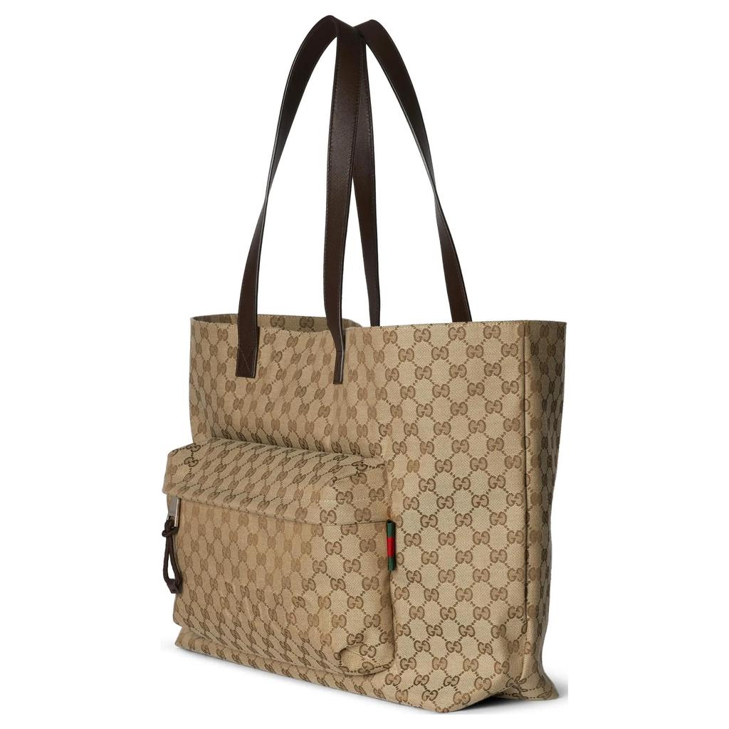 Gucci GG Supreme Canvas Front Pocket Tote Bag With Web Stripe In Beige For Unisex Daily Use
