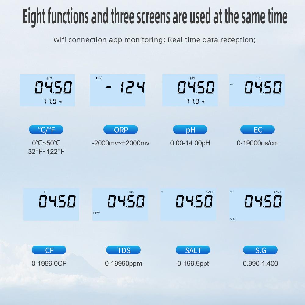 8 in1 Wifi Water Quality Tester Digital Display PH ORP EC CF TDS SALT S.G Temperature Sensors Meter Multifunction Smart Monitor
