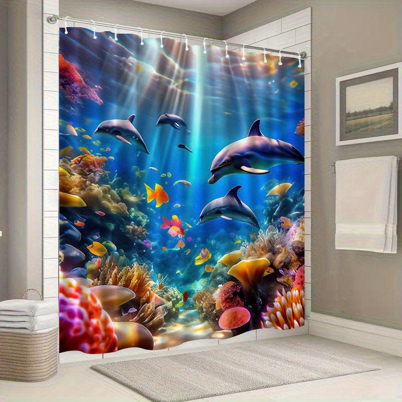 

Ocean World Shower Curtain Dolphins Tropical Fish Coral Reef Polyester Washable With 12 Hooks For Bathroom Decor W60H190(CM)-1 Pcs