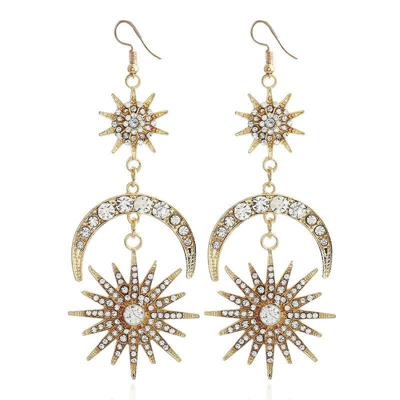 

Оригинальный дизайн стразы преувеличенные звезда луна длинные полностью бриллиантовые уличные серьги милые сплавные серьги