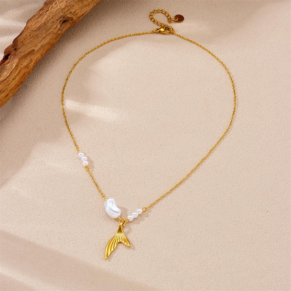 DIEYURO 316L Stainless Steell Pearl Golden Tail Pendant Necklace For Women Lady New Trend Fashion Neck Chain Jewelry Party Gift