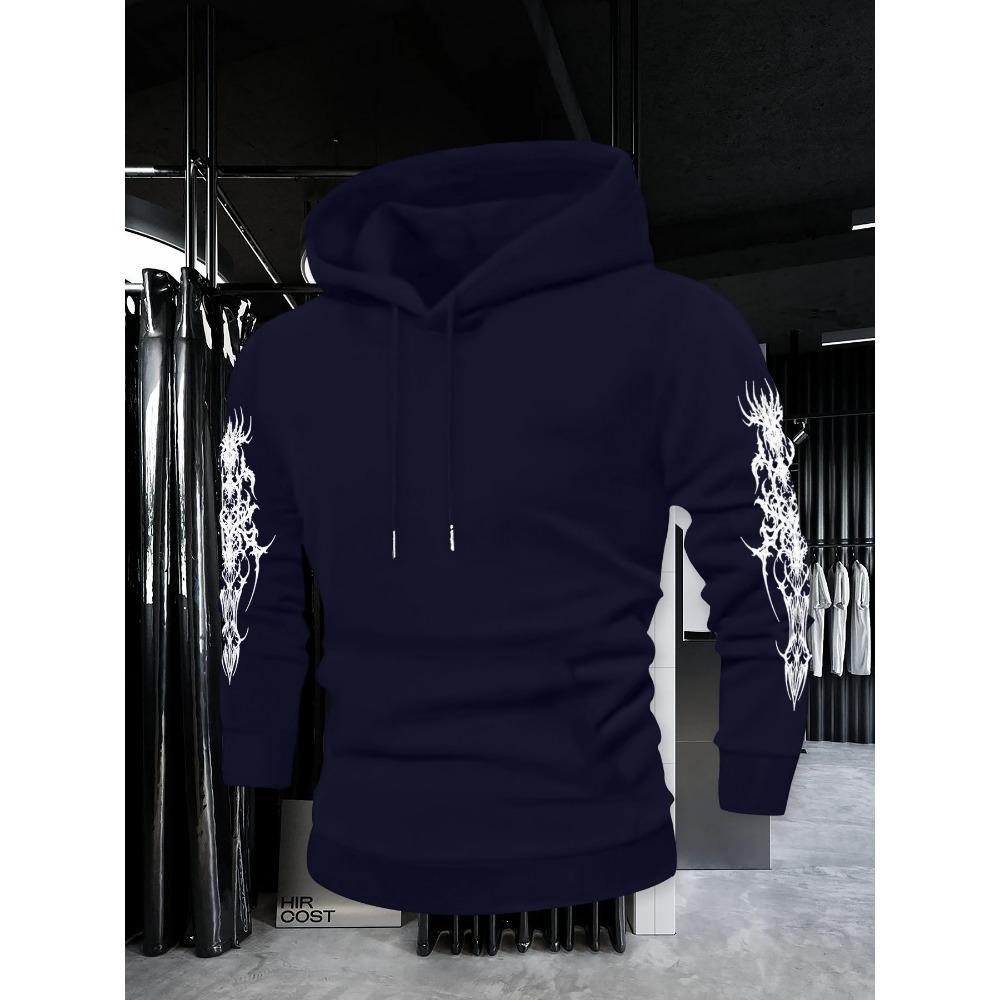 Autumn and Winter Fashionable Men's Retro Street Printed Hooded Sweatshirt with Thorn Pattern, Casual Top, Suitable for Daily Outings