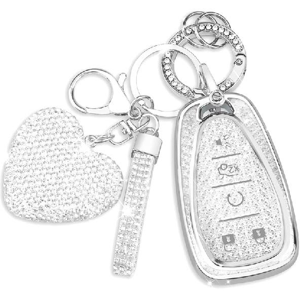 QBUC For Chevy Key Fob Cover With Diamond Keychain, 5 Button Key Case For Women For Chevrolet Equinox Malibu Camaro Blazer Cruze Traverse Trax Volt