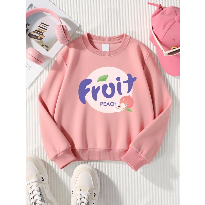 Girls' Round Neck Sweatshirt, Girls' Casual Sweatshirt Printed Round Neck Pullover, Fruit Peach Design Pattern