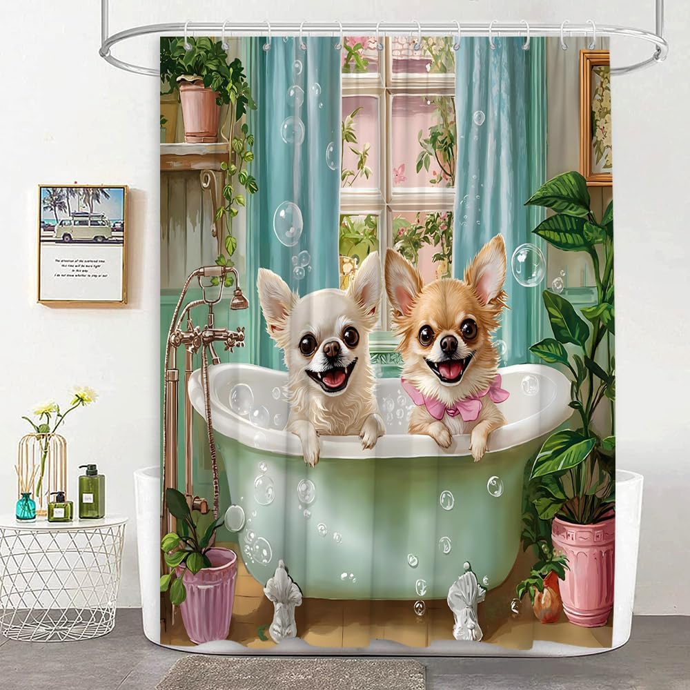 Funny Dog Shower Curtain Cute Pet Animals Puppy Watercolor Farmhouse Fabric Bathroom Decor Curtain with Hooks, 70Wx70H
