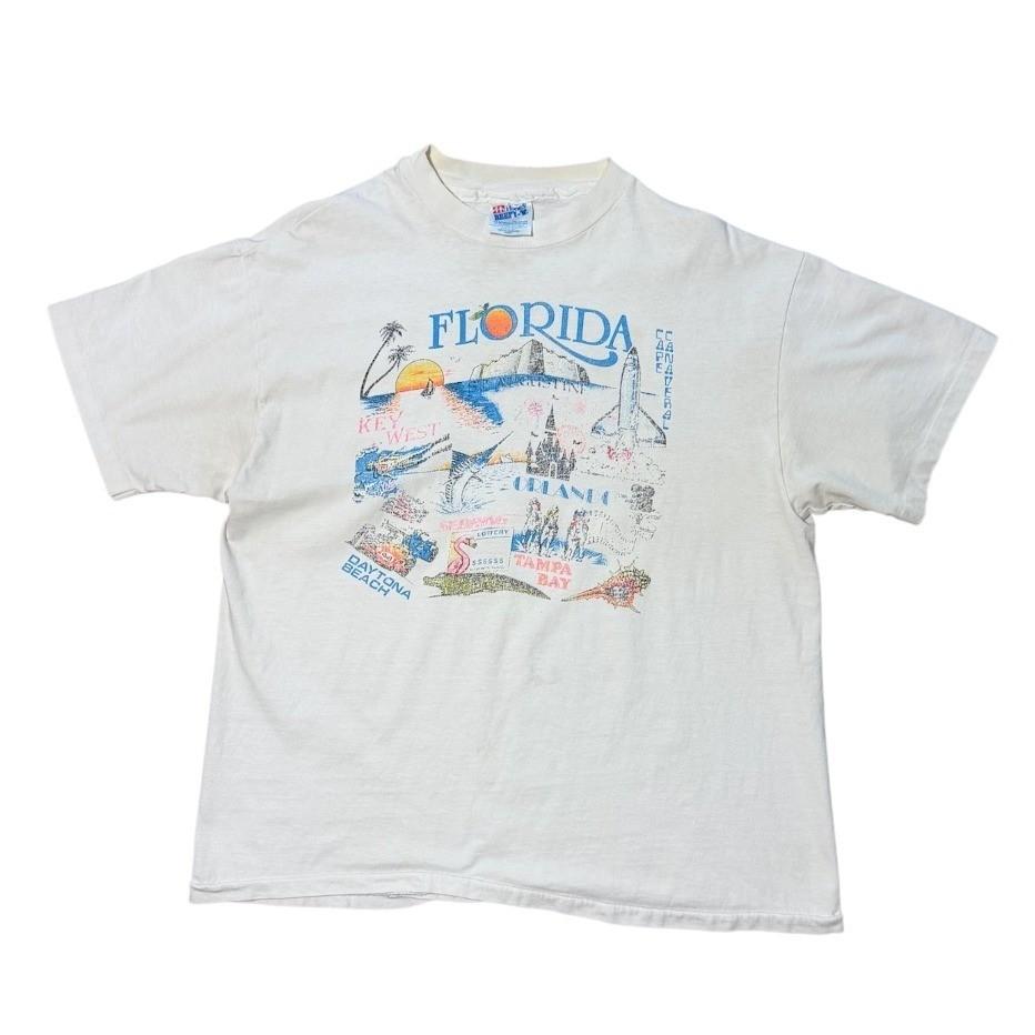 Vintage 90s Florida State USA Souvenir Tourist Map Landmark Art Graphic T-shirt XXL