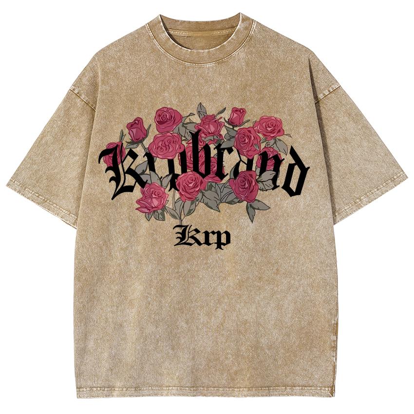 Romantisches Rosen-Buchstaben-Print Damen-T-Shirt Gewaschen Übergroß Locker Unisex Kurzärmlig Lässig Elegant Oberteil Sommer