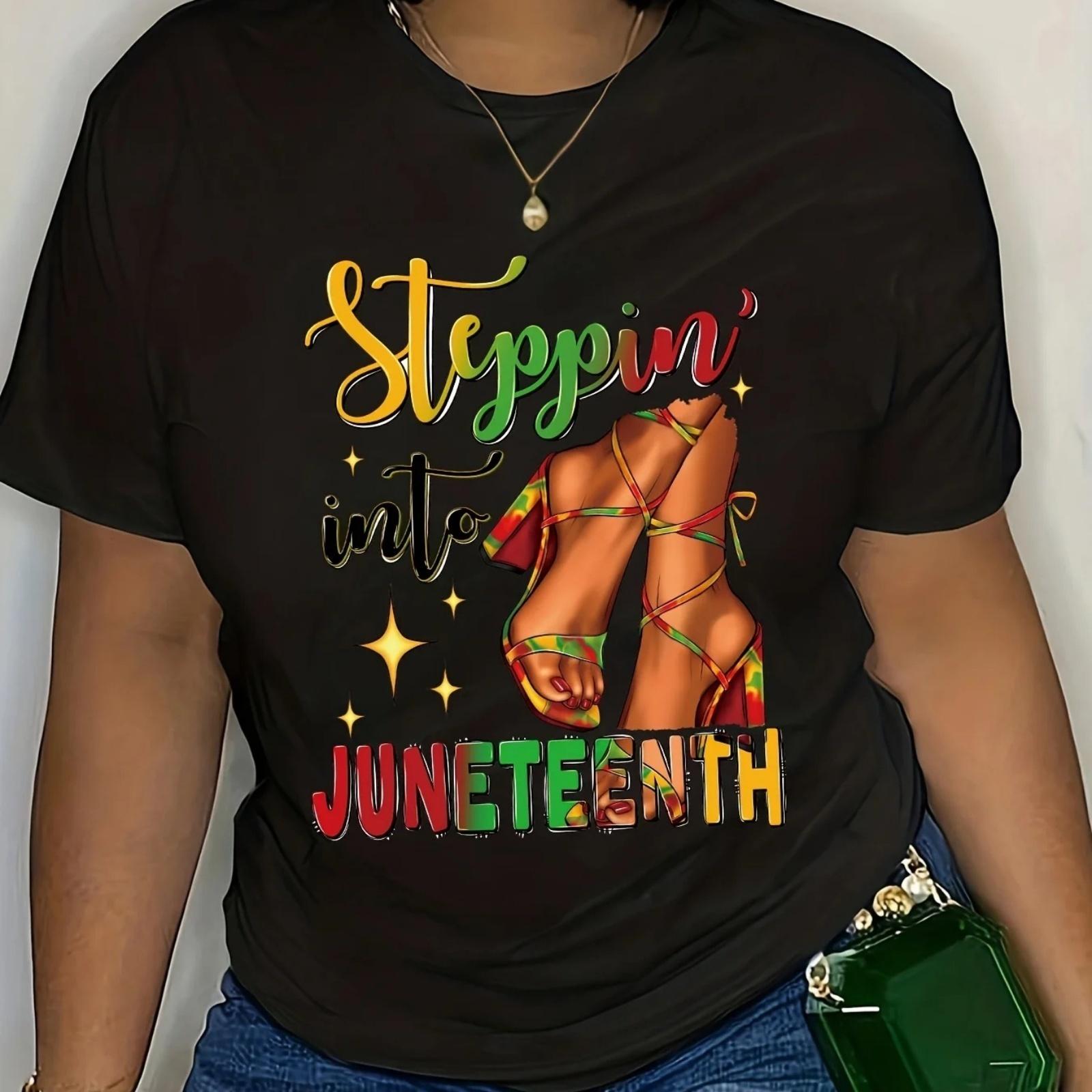 Juneteenth Themed Printed T-shirt Casual Crew Neck Short Sleeve T-shirt for Spring & Summer Women s Clothing S