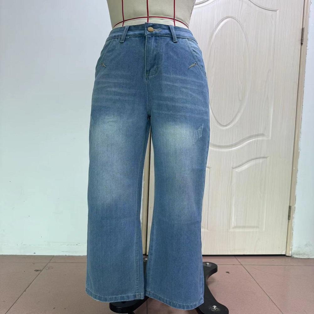 Women Vintage Washed Denim Jeans Middle Waist Wide Leg Pants Ladies Casual Full Length Baggy Jean Trousers