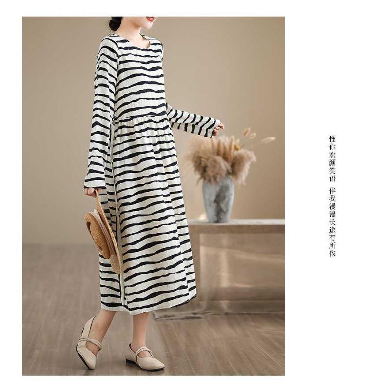 Striped Printed Round Neck Long Sleeve Tie Dress