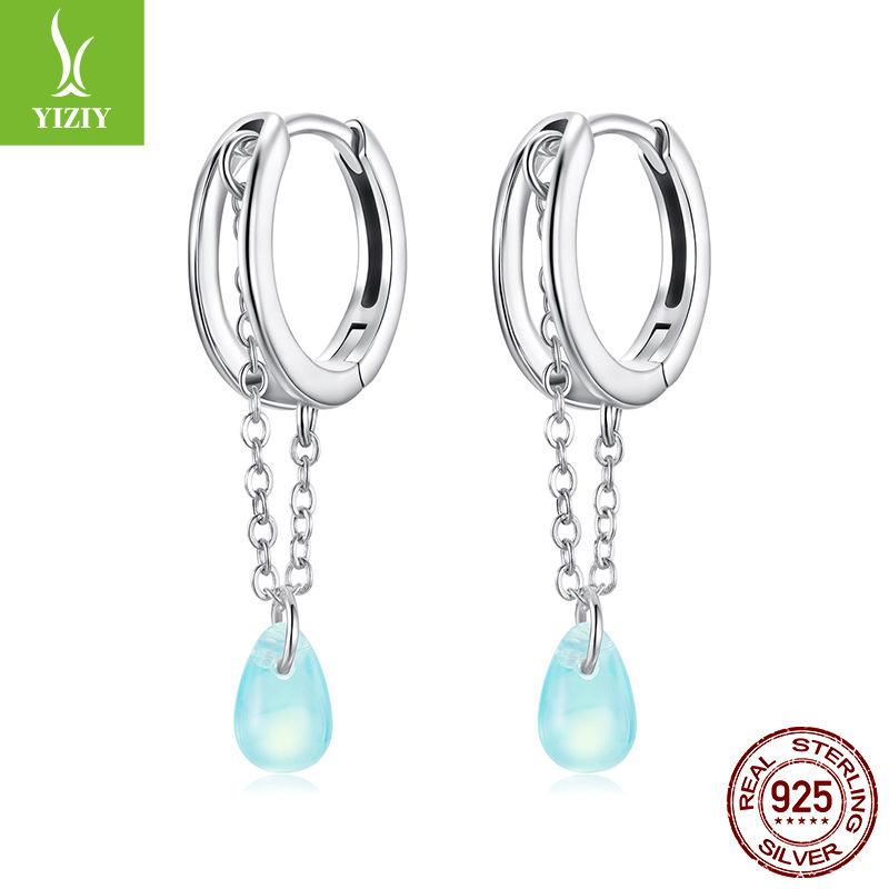S925 Sterling Silver Double Water Drop Glazed Ear Buckle Girl, Elegant Lady Style Fringed Earrings Earrings
