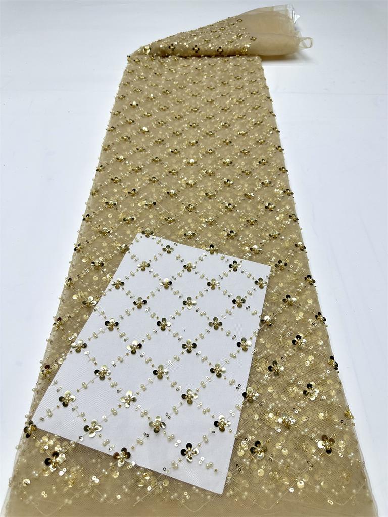 Gold African Tulle Lace Fabric 2025 French Net Sequins Fabric Sewing Embroidery With Beads Lace Tulle Mesh Nigeria Dress 5 Yards