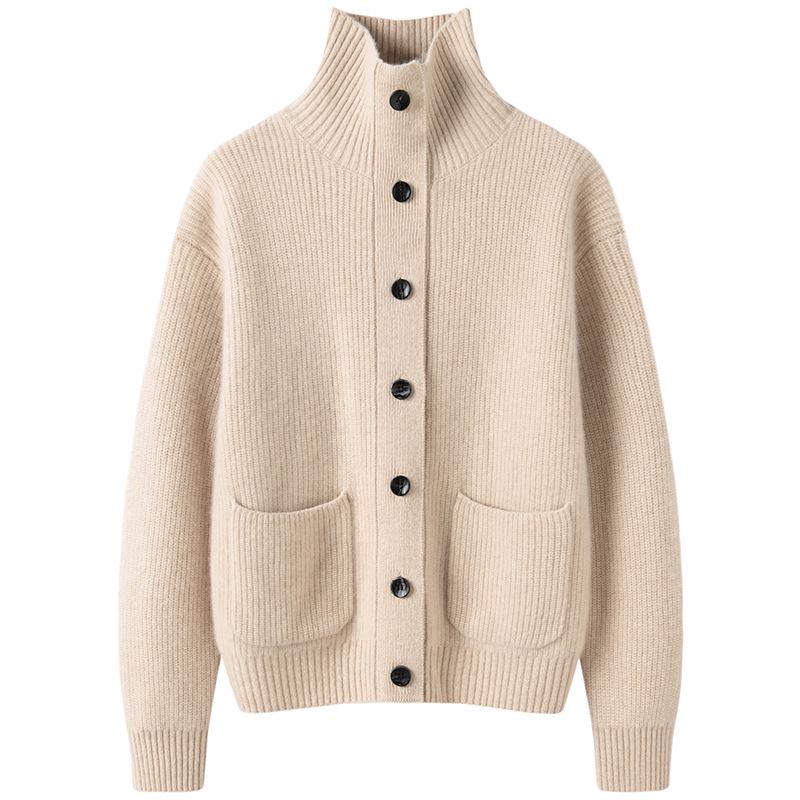 Autumn/Winter 2026 Women's Cashmere Lapel Cardigan - Ribbed Knit Single-Breasted Jacket
