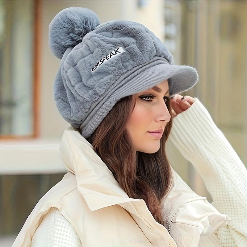 Thick Acrylic Knit Women's Elegant Plush Beret Hat WithVisor, Warm and Cozy, Solid Color, Stretch Fit, Packable, Hand Wash Only, Pull-On Closure