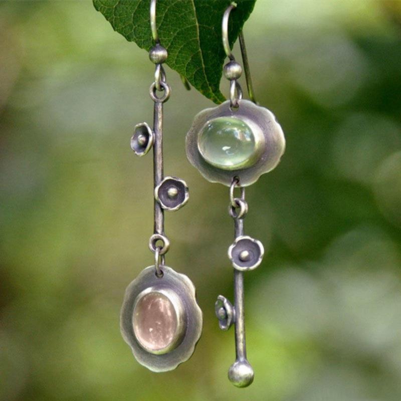 

Vintage Round Blue Stone Flower Earrings Classic Simplicity Metal Copper Color Dangle Earrings for Women Zircon зелёный