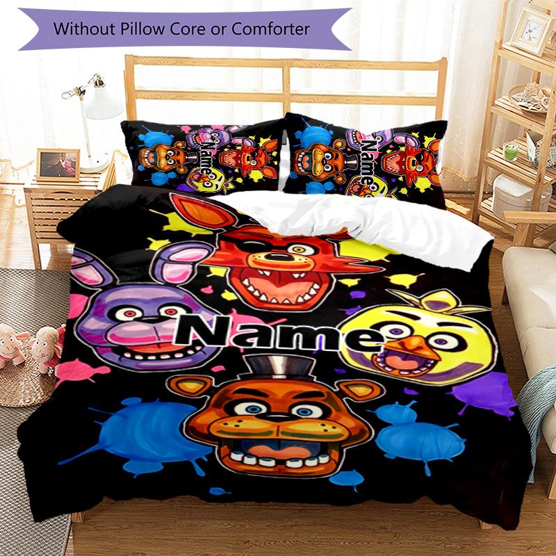 3pcs Freddy Bear2 Cover Set - Personalized Name, HD Printed Bedding with 1 Cover and 2 Pillowcases - Perfect for Home Decor, Easy Care