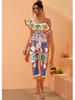 2024 European & American Women's Enamel Print Ruffle Swimsuit Set