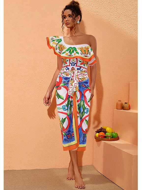 2024 European & American Women's Enamel Print Ruffle Swimsuit Set