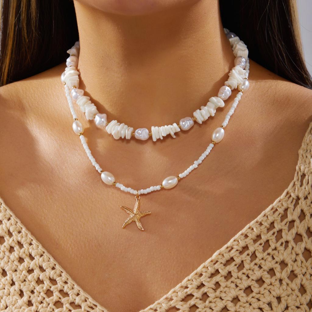 Boho Dolphin Imitation Pearl Starfish Layered Necklace Set for Women Mermaidcore Shell Beaded Chain Summer Party Jewelry Gift