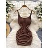 Pure Desire Style Dress Women 2025 Summer Scheming Pleat Waist Hugging Slim Fit Sling Sheath Short Dress Sexy Base Skirt