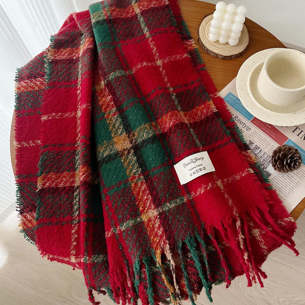 New Year's Christmas Atmosphere Scarf Women's Winter Korean Retro Red Plaid with Warm Long Shawl Scarf