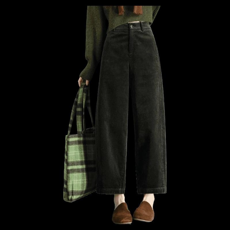 

Women s Autumn/Winter 2025 Retro Green Corduroy Wide-Leg Cropped Pants - Fashionable Loose Fit 2XL (Weight: 130-139 jin)