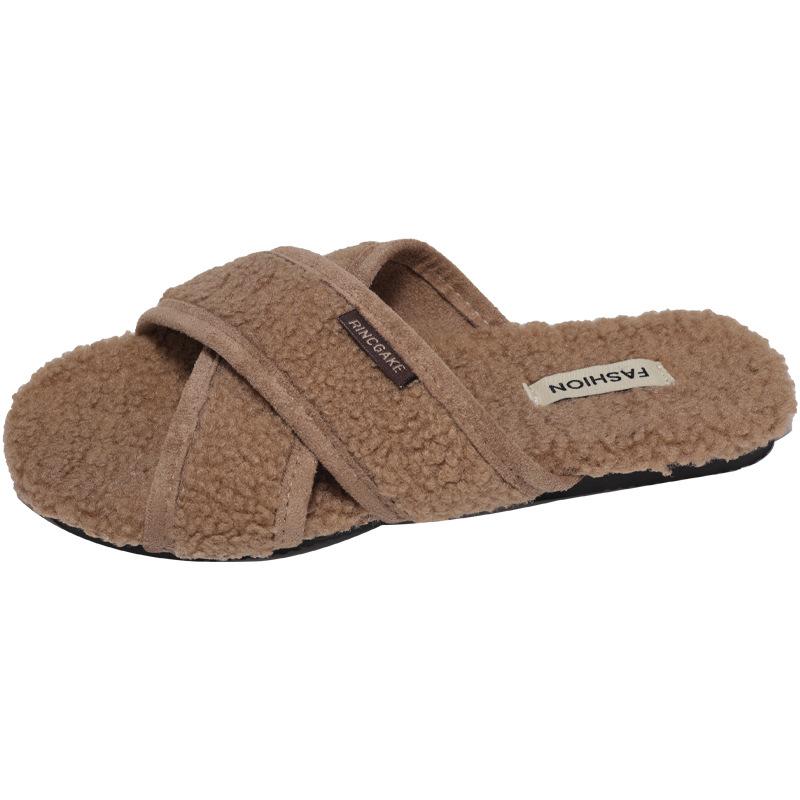 One-word Women Wear 2025 Autumn New Outdoor Thick Bottom Internet Celebrity Warm Lamb Wool Slippers