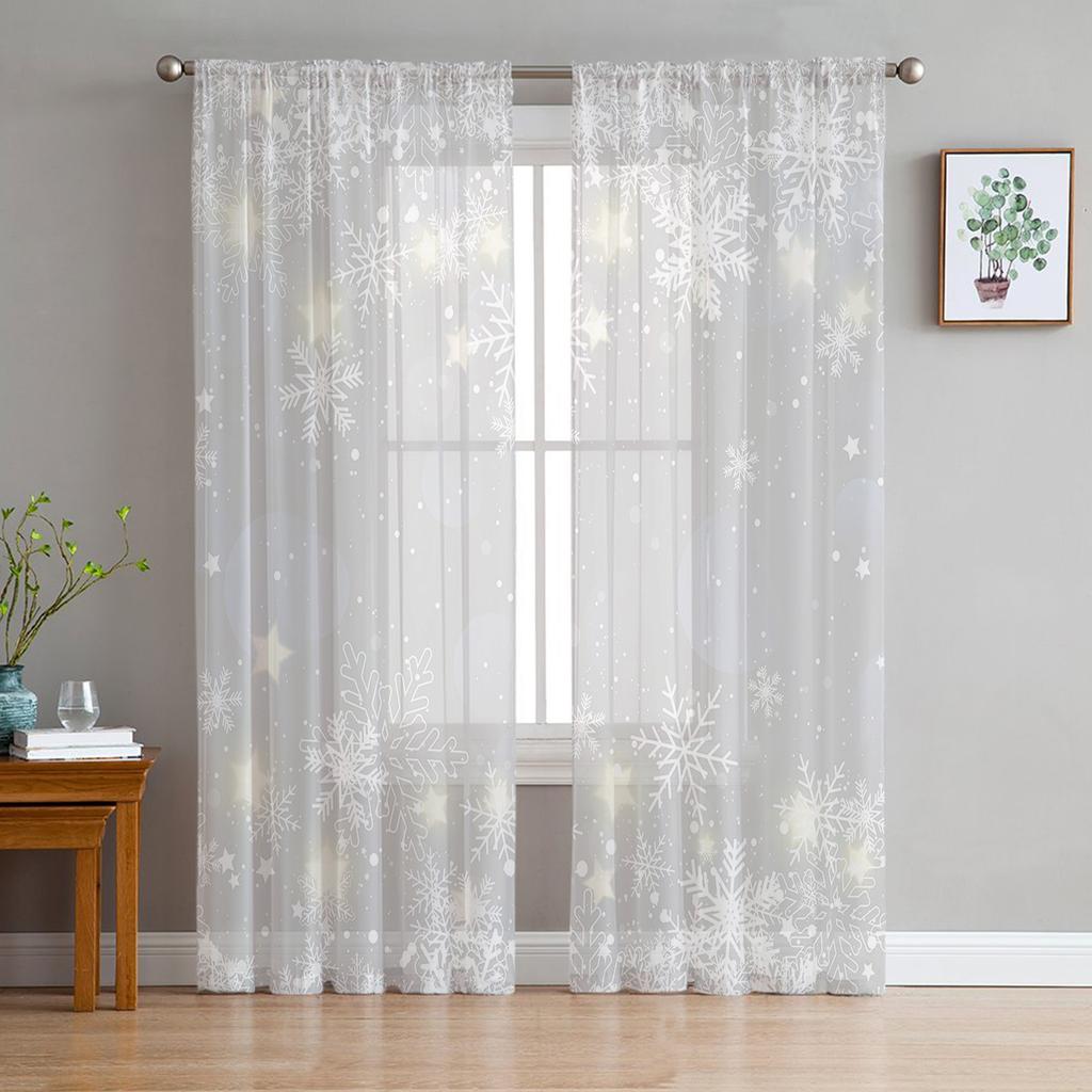 Christmas Snowflake Blue Sheer Drapes for Living Room Decoration Window Curtains for Kitchen Curtains
