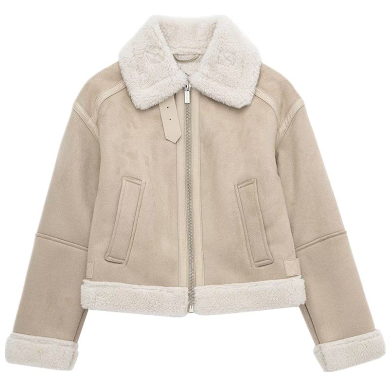 

Ur Za Cos 2022 Autumn and Winter New Women s Double-Sided Short All-Match Lambswool Jacket 6318241 Khaki L