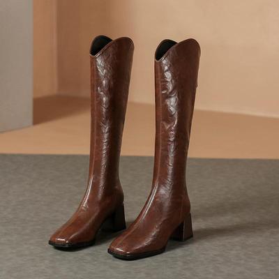 Bottes à talons hauts à bout carré en cuir souple marron rétro pour femmes 2023