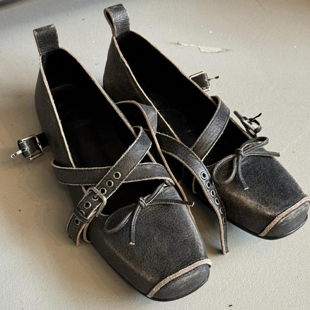 Cowhide version~ Korean version of square head pig nose ballet Mary Jane women's shoes French light mouth bow single shoes women's thick heel