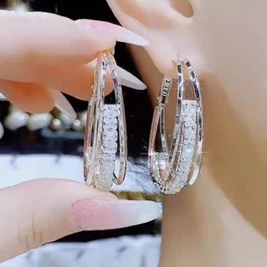 Multi Layer Zircon Ear Hoops Fashionable Elegant High End Exaggerated Earrings серебряный