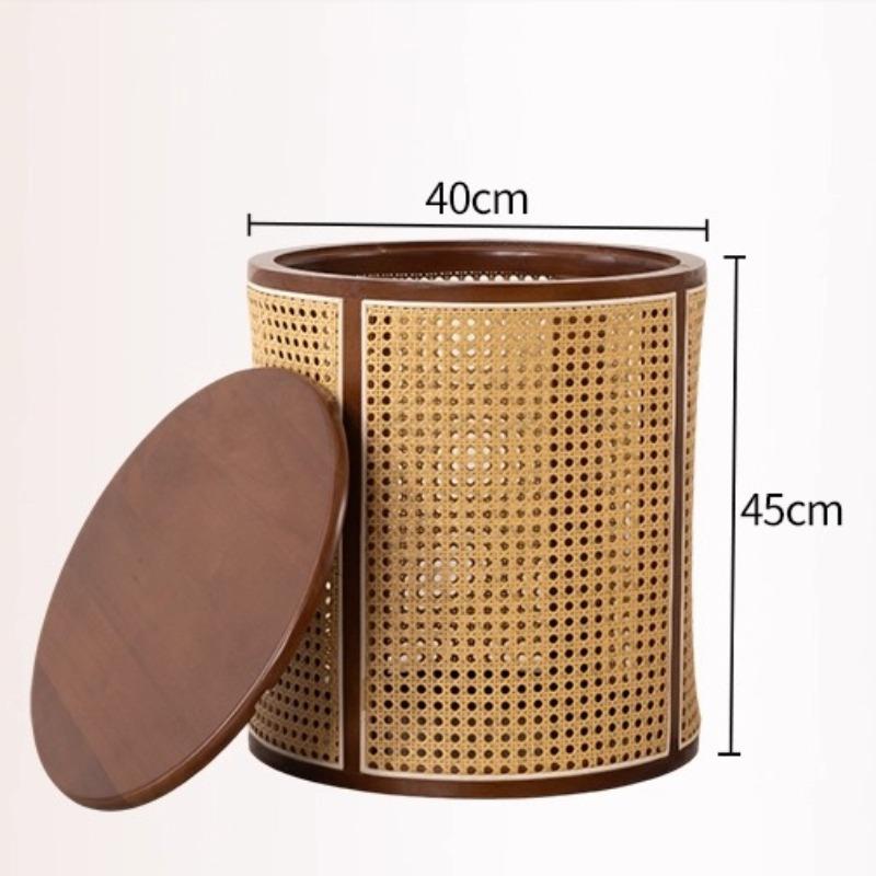 Vintage Solid Wood Rattan Storage Stool Wabi-Sabi Japanese Nightstand Round Bucket Ottoman for Bedroom Guesthouse Decor