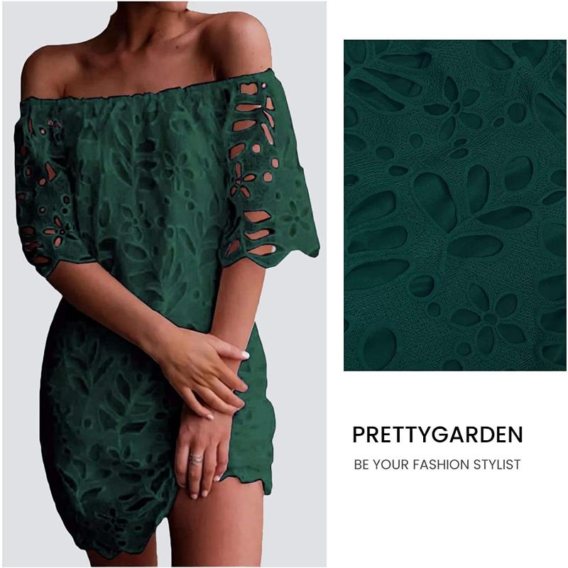 Mini Abito Estivo da Donna Scollo Bardot con Pizzo Floreale a Occhiolino Scollato Manica Corta Casual per Spiaggia Vacanza Festa