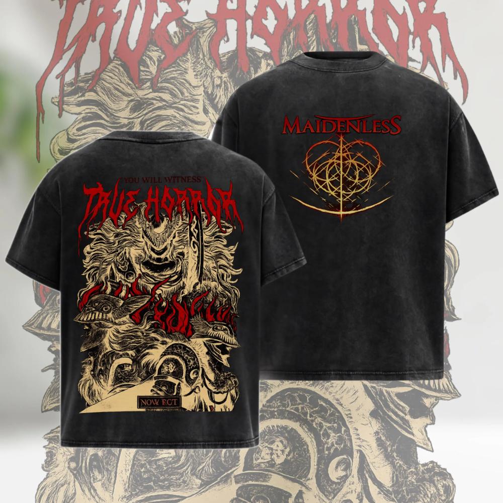Dark Fantasy Warrior Washed T Shirt Gothic Medieval Battle Graphic Tee Grunge RPG Gamer Aesthetic Shirt Unisex Fit Gift L