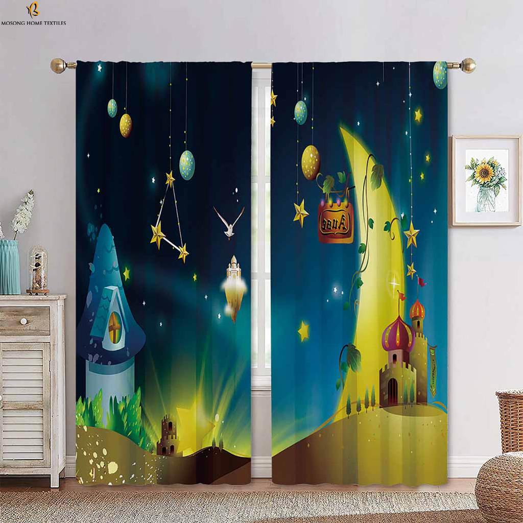 Cute Cartoon Stars, Moon And Clouds Printed Curtains Blue And White Color Matching Children's Room Decorative Curtains 2 Pieces