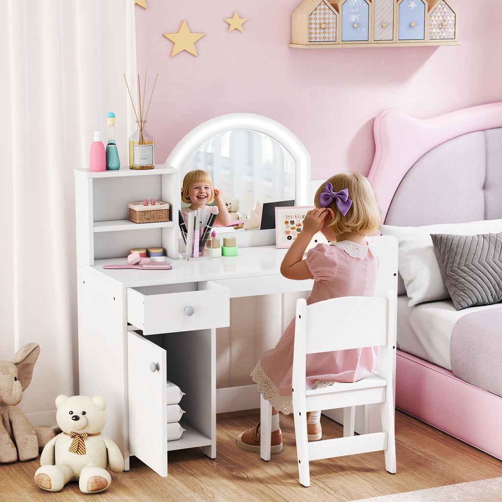 Children's Dressing Table with Stool and LED Mirror, for Ages 3-8, 88.6 x 38.8 x 96.9 cm, White