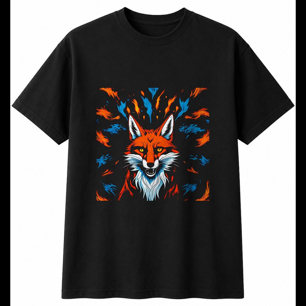 Kitsune Psychedelic Fantasy Mens T-Shirt Black 100% Cotton Folklore Graphic Tee