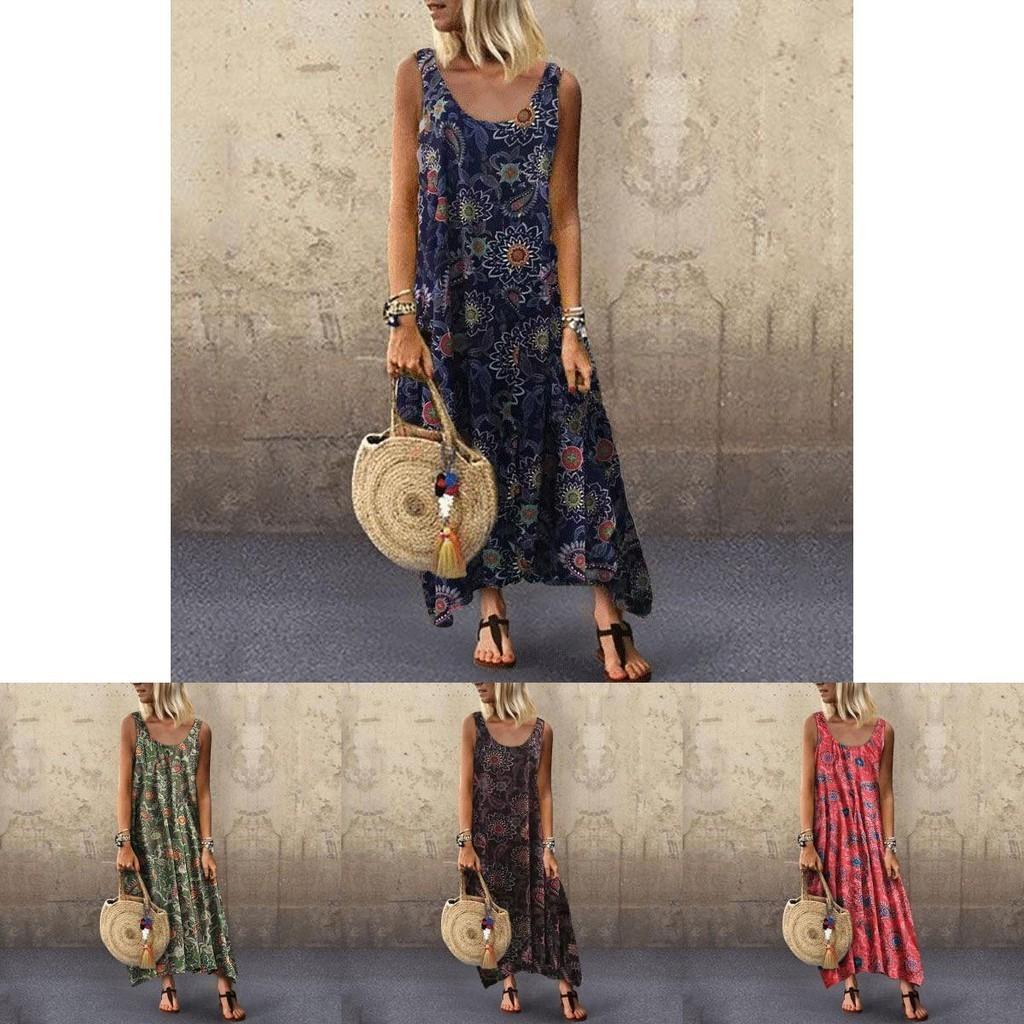 Elegant Womens Summer Sleeveless Holiday Long Boho Kaftan Tank Dress For Beach