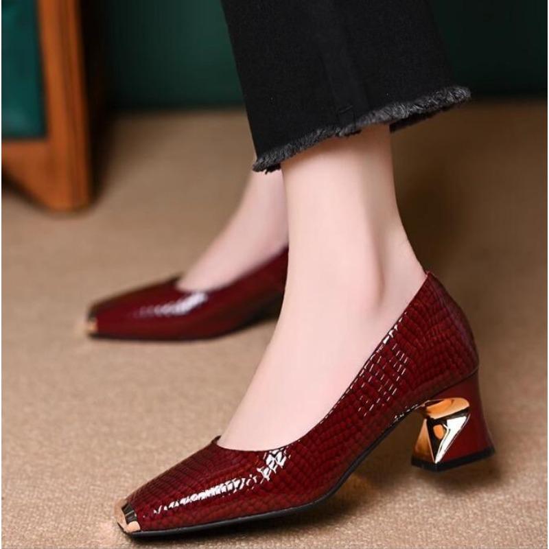 

Women Classic Black Soft Patent Leather Square Heel Shoes Lady Casual Office Comfort Spring Summer Dress High Heel Shoes 35