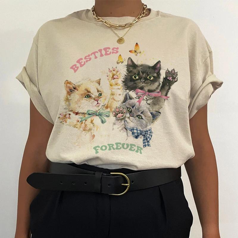 Cute Kitten Besties Forever Women Graphic Tops Fashion Oversized T Shirt Vintage Aesthetic Cottagecore TShirts Cat Lover Tees