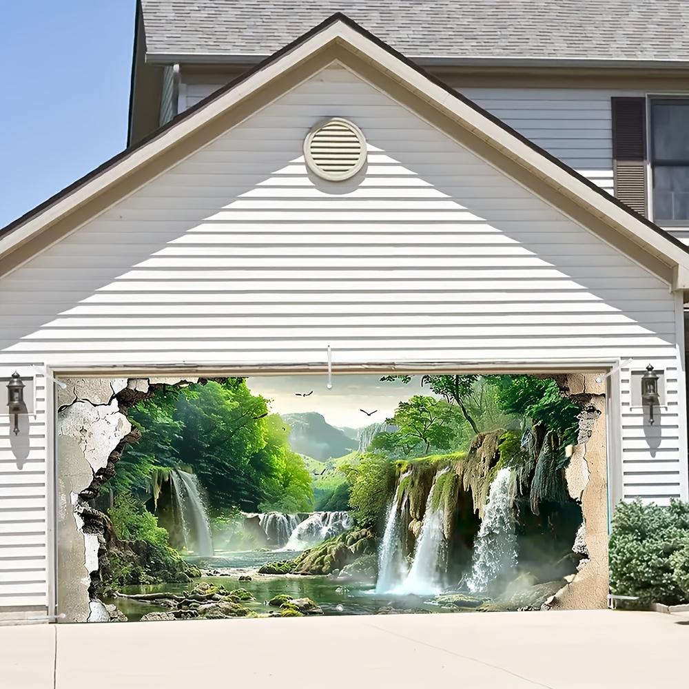 Single 2D Planar Forest Waterfall Garage Door Banner - Vibrant Outdoor Decoration Polyester Material Outdoor Decoration