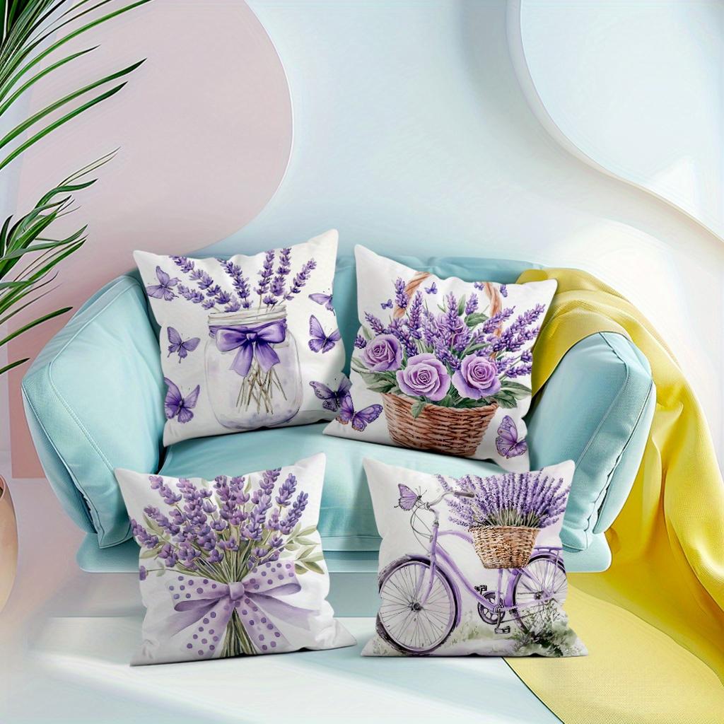 4pcs Purple Lavender Single-Sided Printed Throw Pillow Covers for Sofa, Insert Not Included