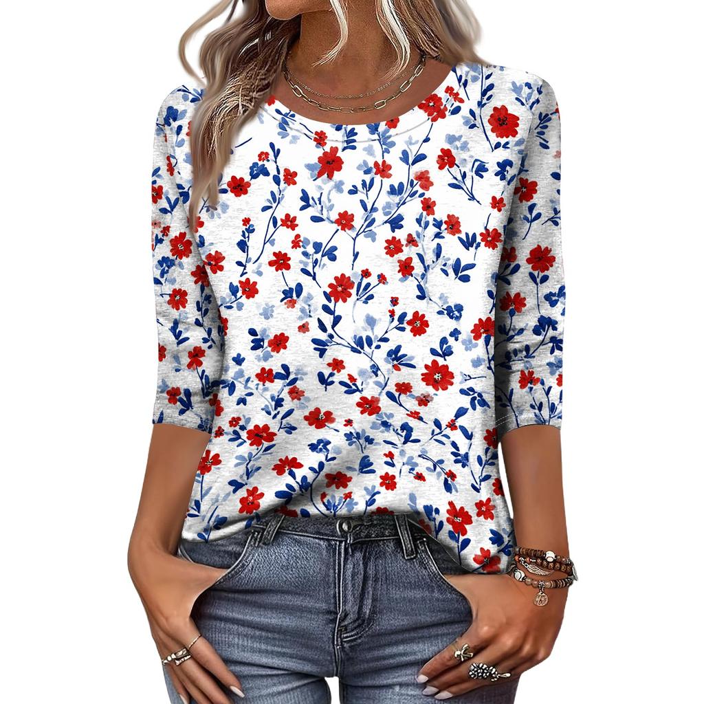 Women Casual Crew Neck Three Quarter Sleeve Floral Print T Shirt Top Relaxed Fit Lightweight Pullover Blouse for Daily Wear