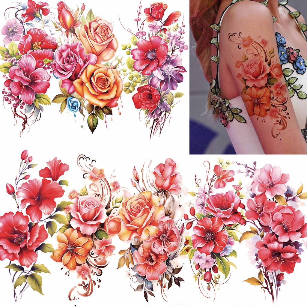 1 Sheet Flower Temporary Tattoos For Women Girls Arm Leg Forearm Body Watercolor Tattoo Sticker 3D Fake Peony Dahlia Rose Floral