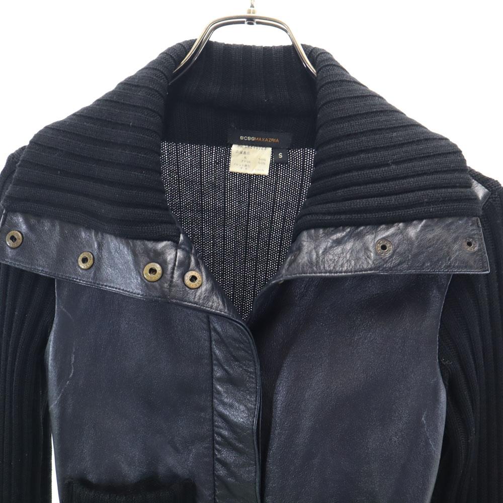 BCBGMAXAZRIA Wool Blend Knit Switching Sheepskin Leather Jacket S Black Women Used