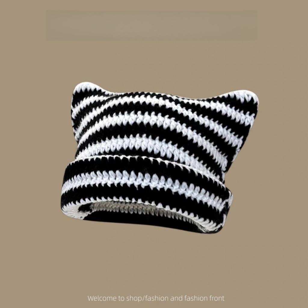 1pc Cute Cat Ears Beanie Hat For Women Winter Striped Korean Punk Gothic Y2K Wool Knitted Streetwear Handmade Crochet Bucket Cap